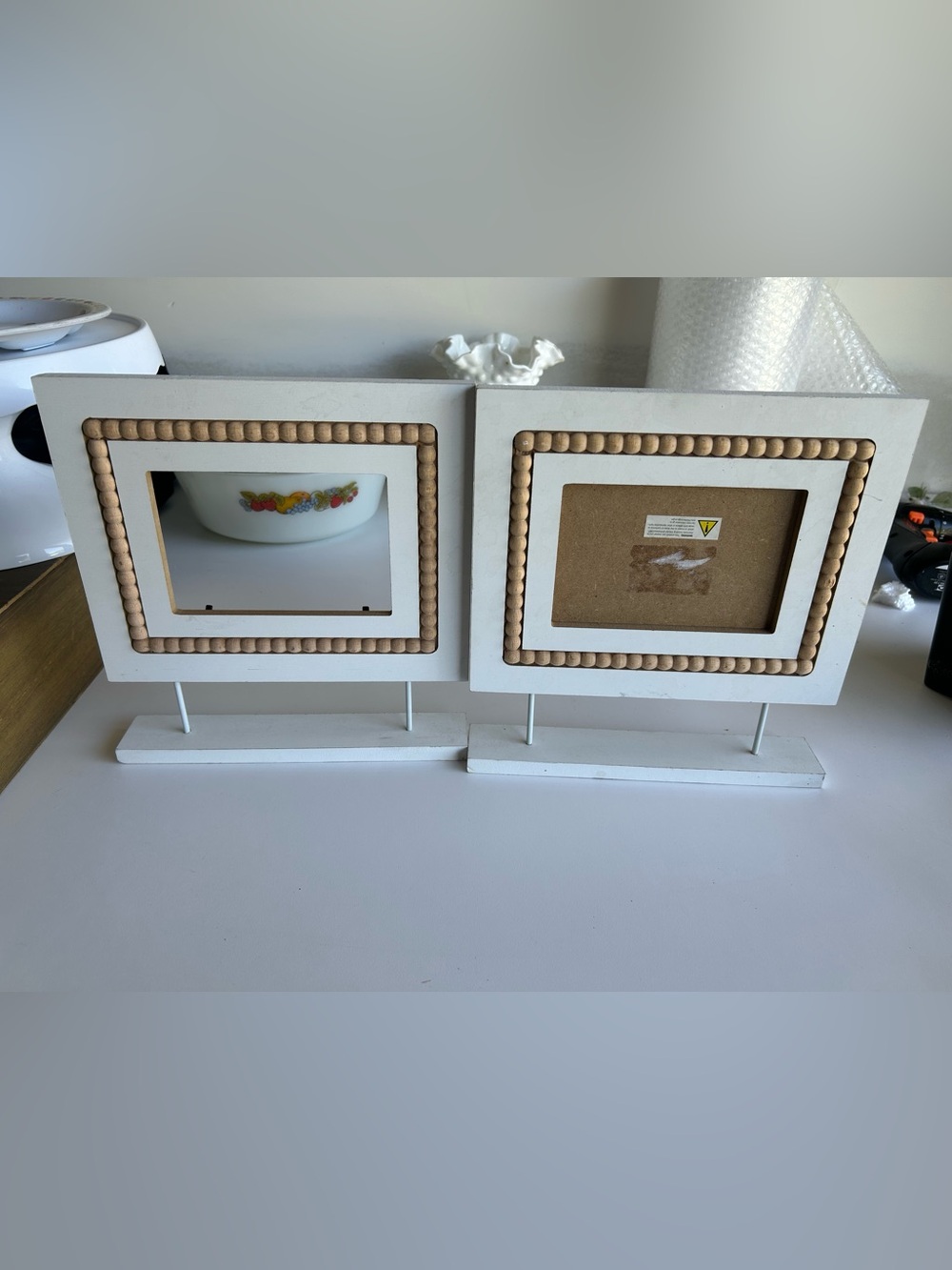 Set of White Wooden Beaded Photo Frame Stand